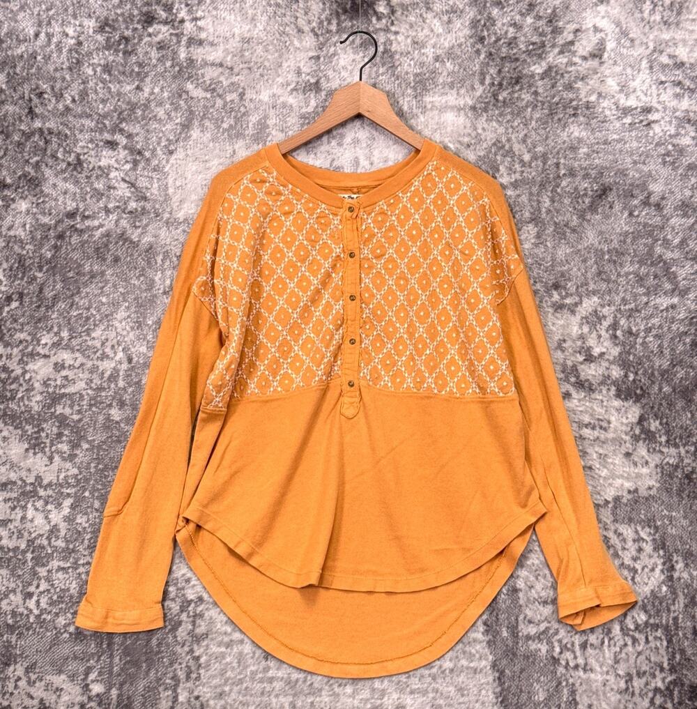 Free People Henley Shirt XS Womens Gold Yellow Tunic Long Sleeve Oversized Top